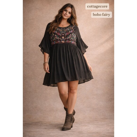 Umgee Dresses & Skirts - Boho Embroidered Babydoll Dress Black Cottagecore Flowy Fairy Style S